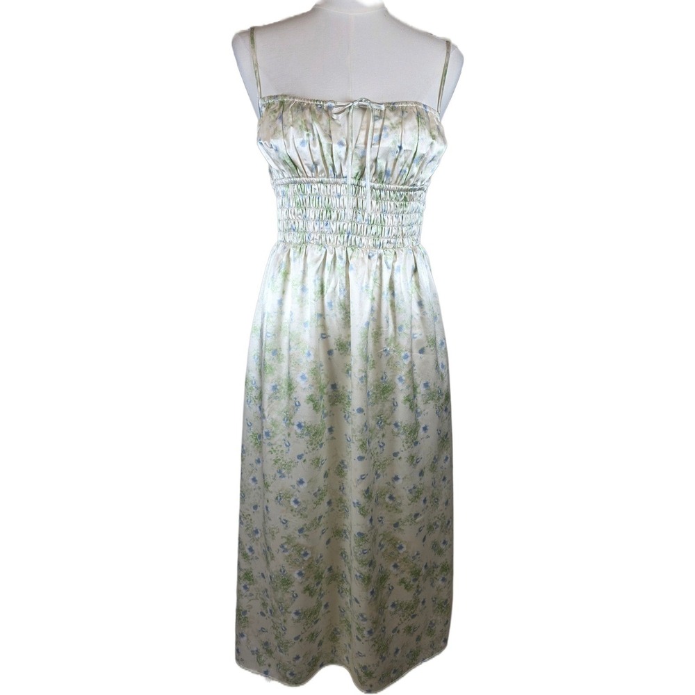 ASTR The Label Cream Satin Smocked Waist Midi‎ Dress w/Green/Blue/Tan Floral